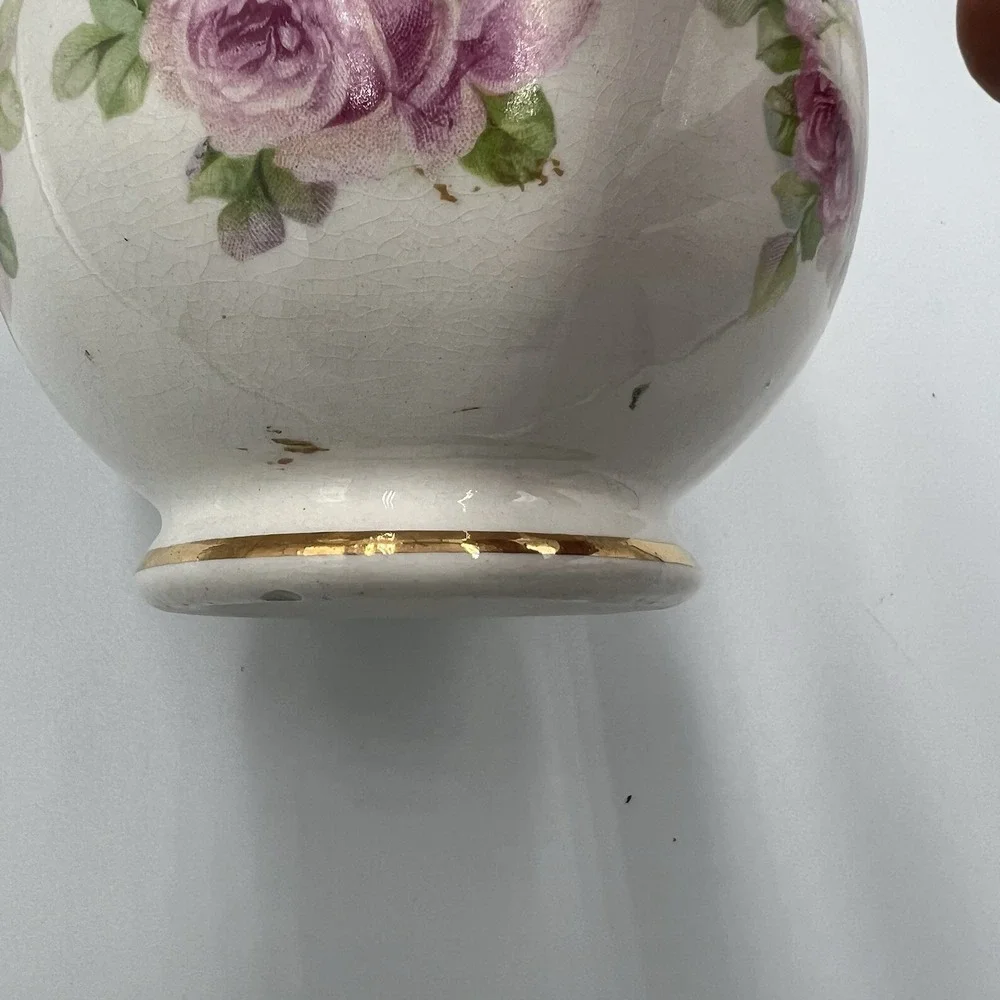 Vintage Japanese Porcelain Vase Pink Roses‎ Gold Gilt Scalloped Rim 4.75